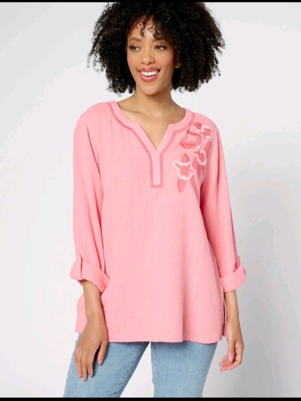 Susan Graver Pure XL Pink Cotton Gauze Embroidered Floral Tunic Blouse Boho